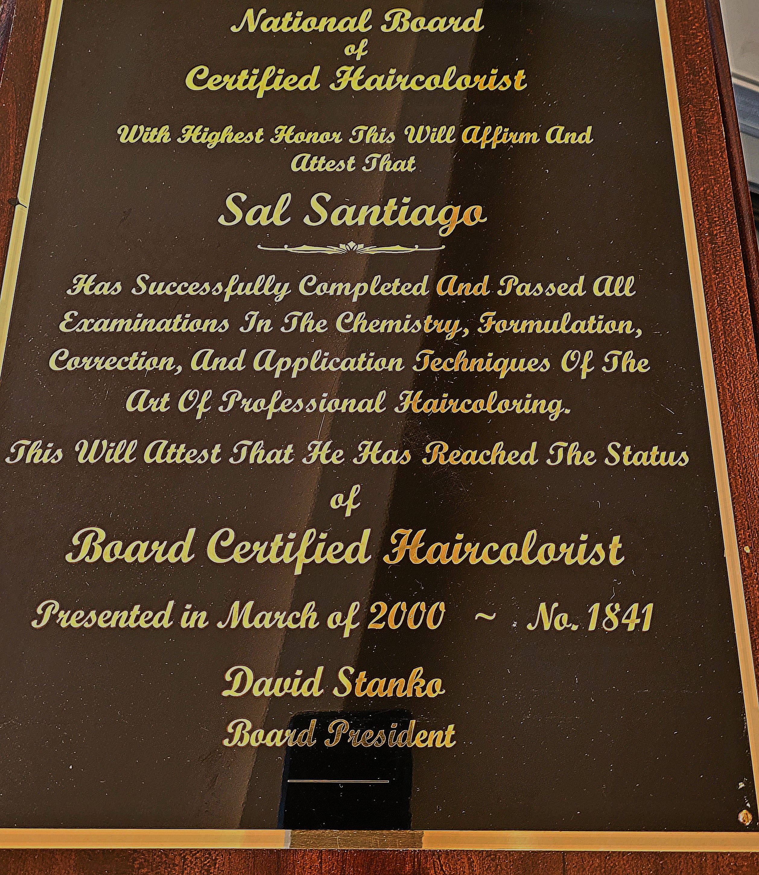 Sal Santiago — National Board certified hair colorist plaque